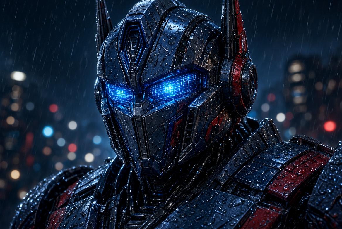 Rain-soaked commander helmet with a blue visor