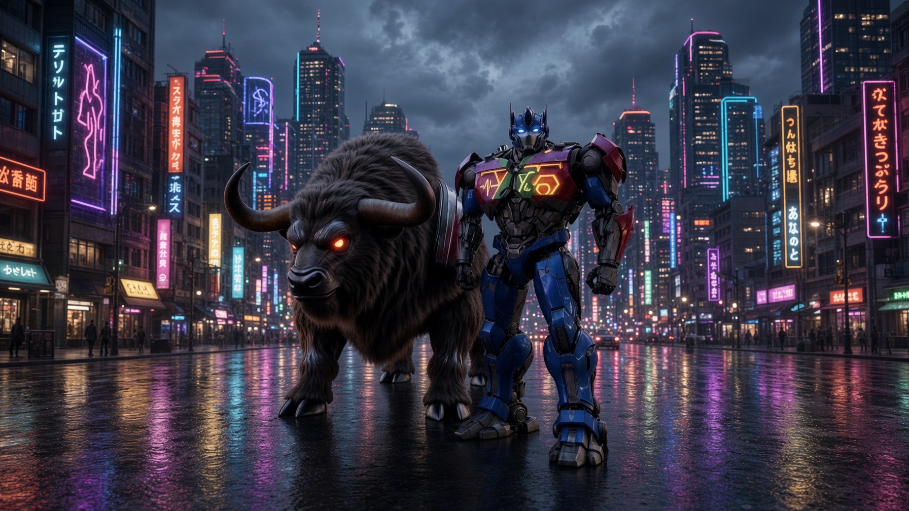 Optimus Prime standing with a bull on a neon street